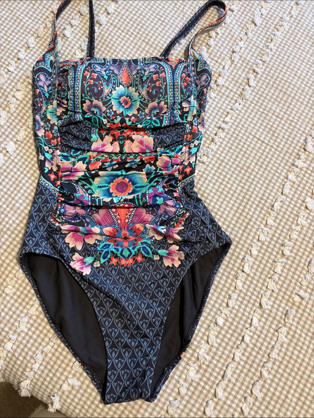Johnny Was Navy Floral One-Piece Swimsuit with Teal, Pink & Coral Accents
